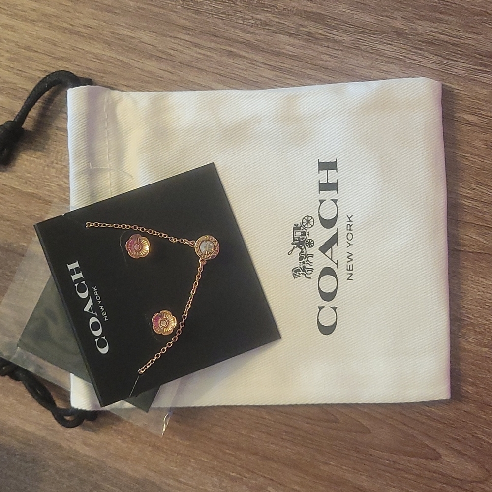 COACH open circle necklace with tea rose studs
